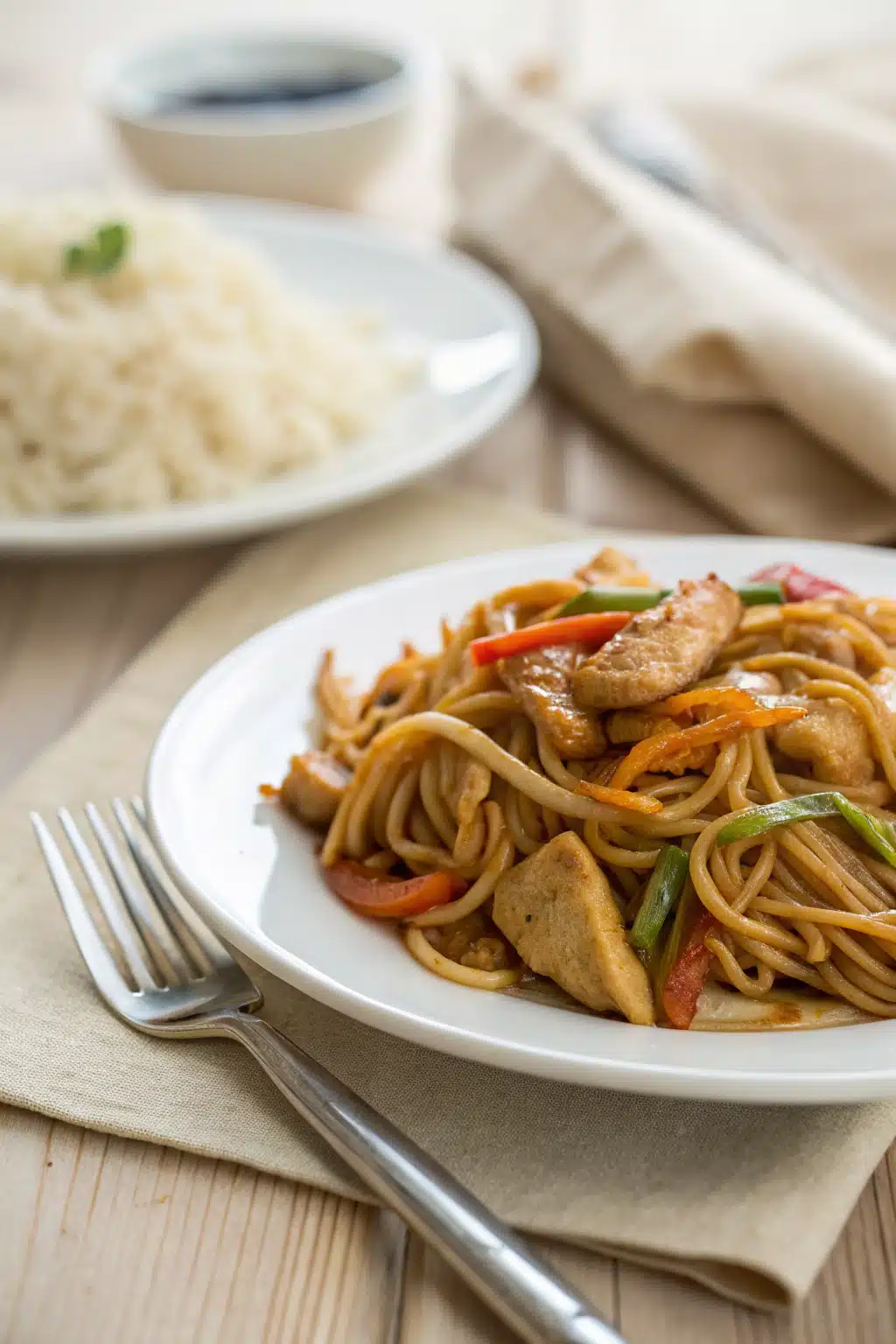 Chicken Lo Mein Recipe ingredients organized and measured on kitchen counter
