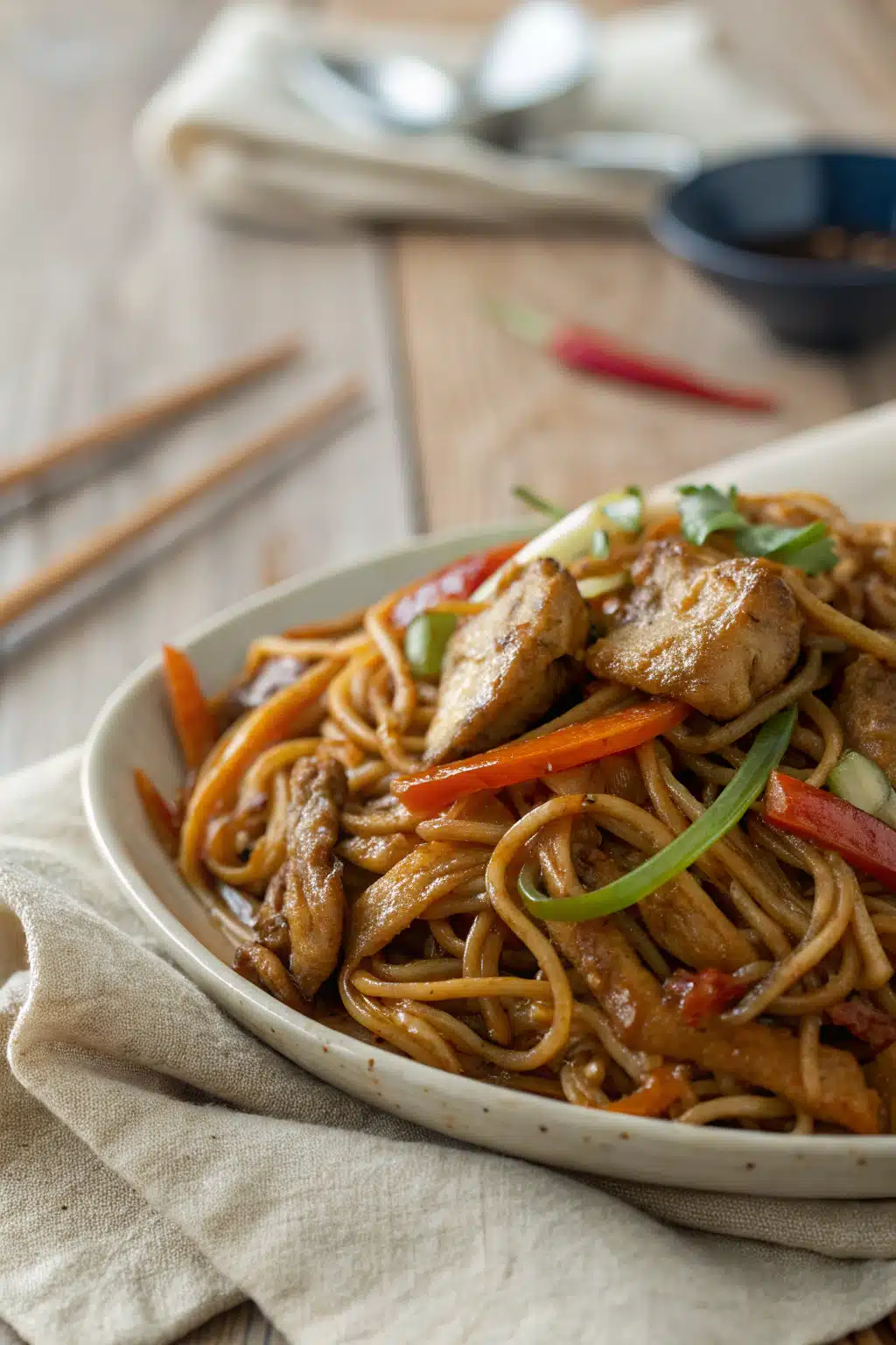 Chicken Lo Mein Recipe slice on plate showing perfect texture and swirl pattern