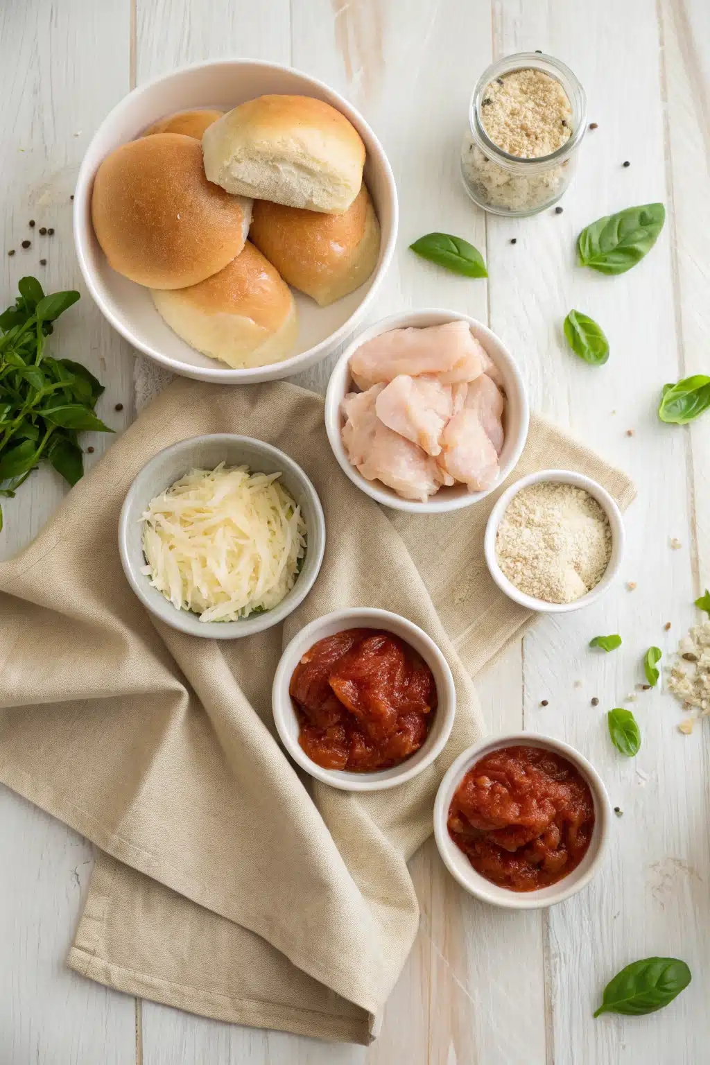 Chicken Parmesan Sliders beautifully presented from an overhead angle