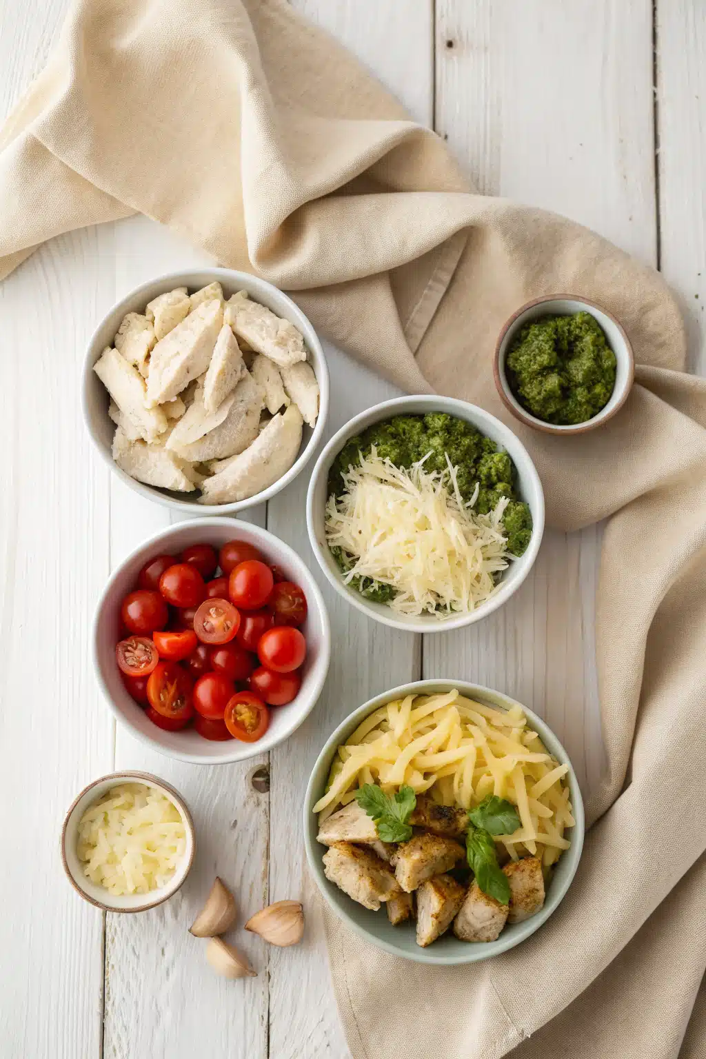 Chicken Pesto Pasta beautifully presented from an overhead angle