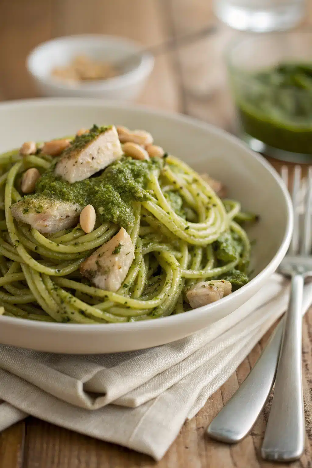Chicken Pesto Pasta slice on plate showing perfect texture and swirl pattern