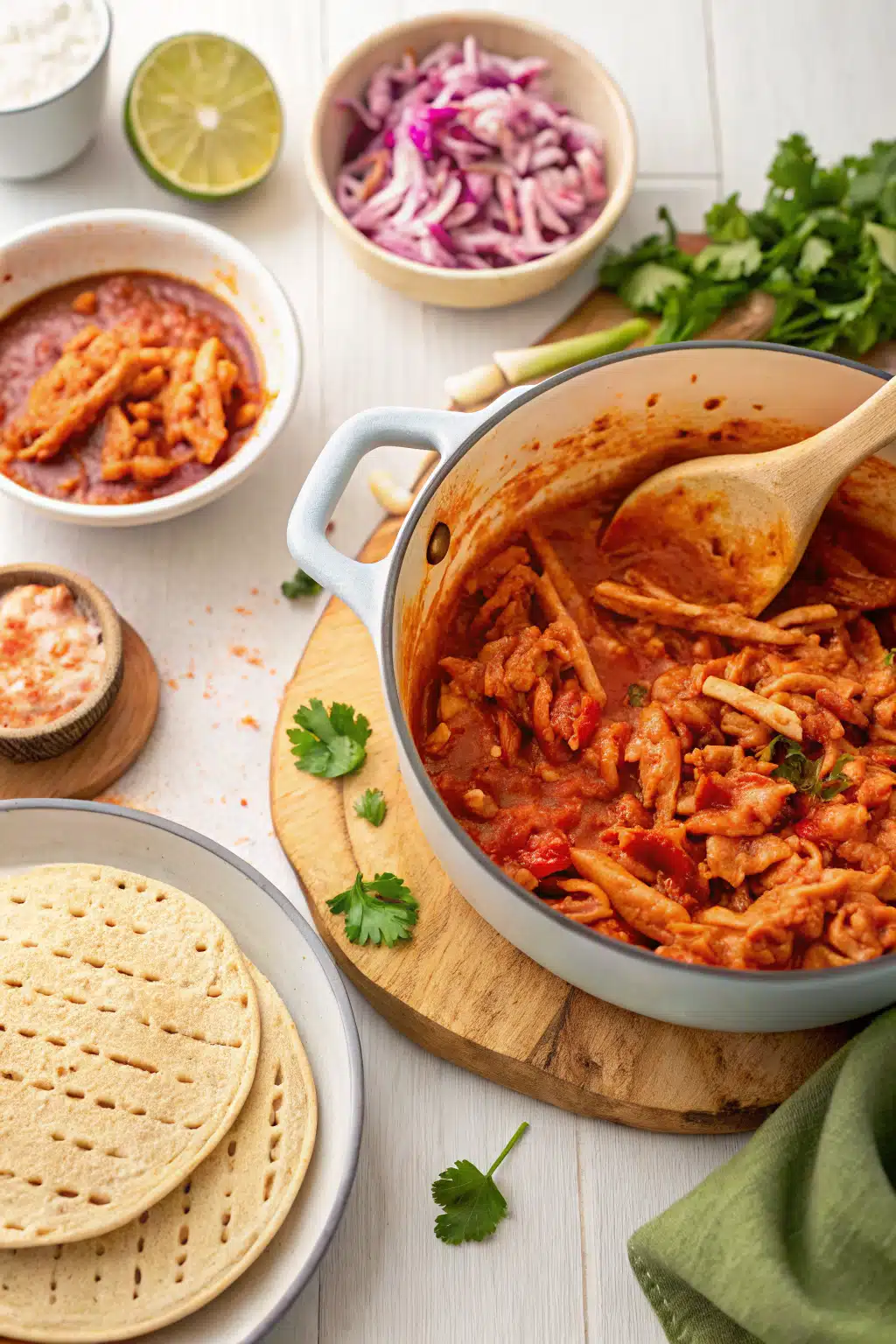 Chicken Tinga Tacos beautifully presented from an overhead angle