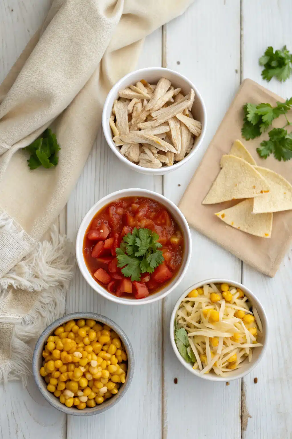 Chicken Tortilla Soup beautifully presented from an overhead angle