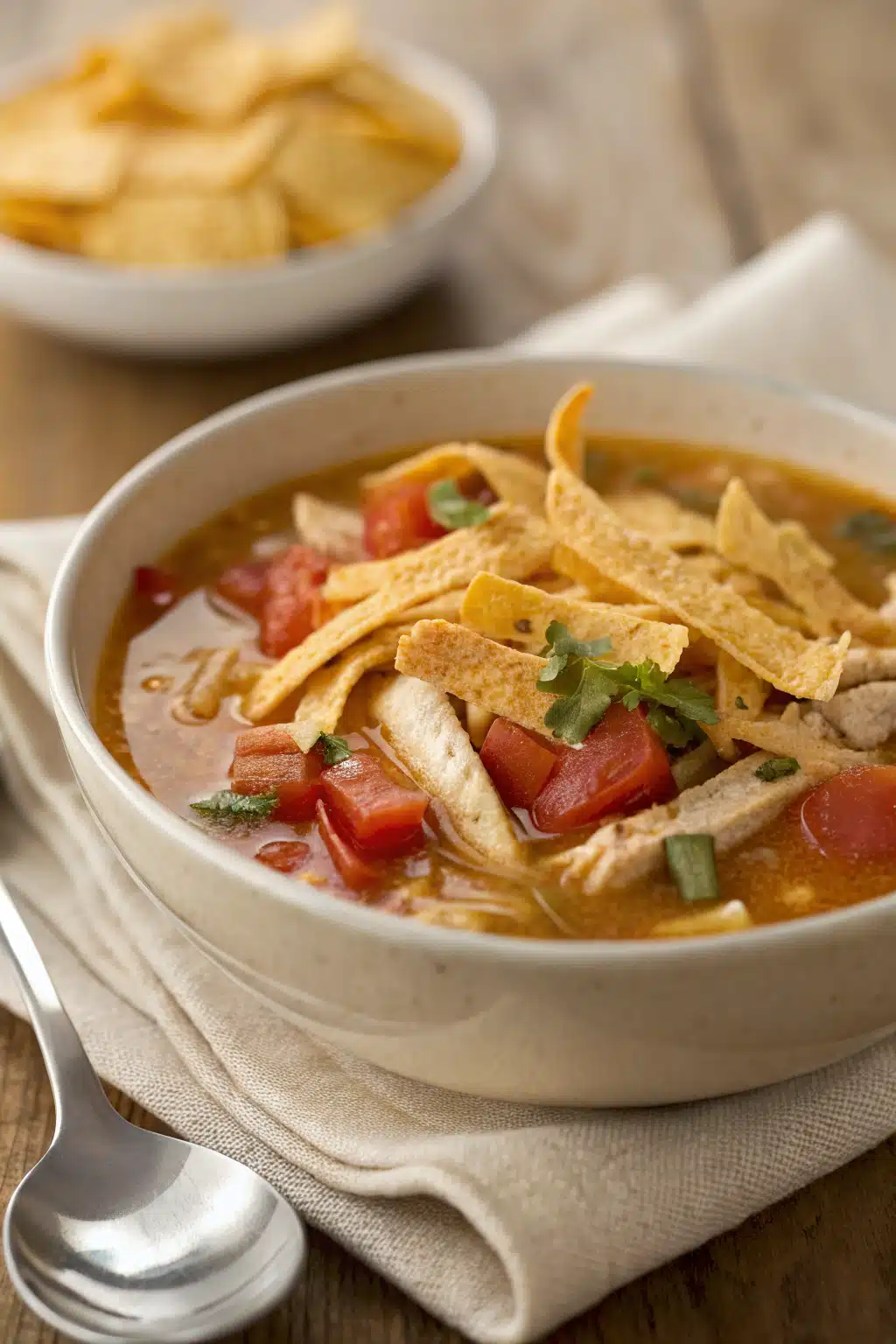 Chicken Tortilla Soup slice on plate showing perfect texture and swirl pattern