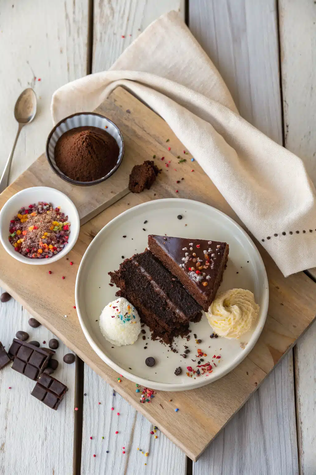 Chocolate Cake beautifully presented from an overhead angle