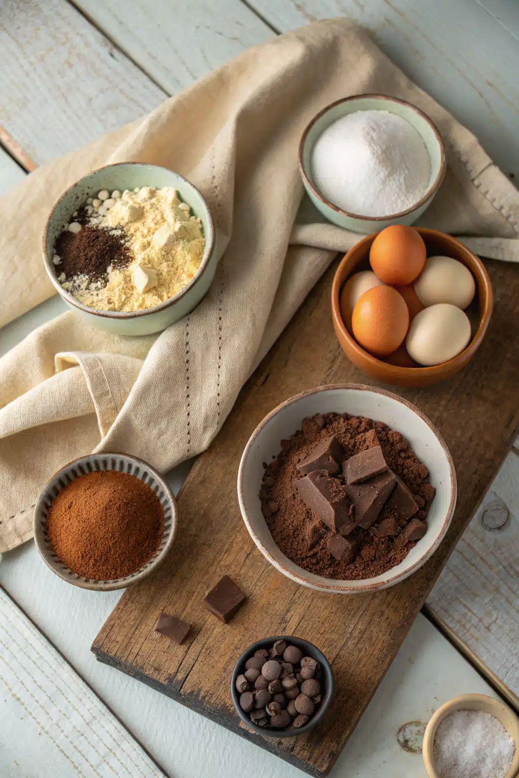 Chocolate Cake Recipe ingredients arranged neatly on kitchen counter including flour, cocoa powder, eggs, and butter
