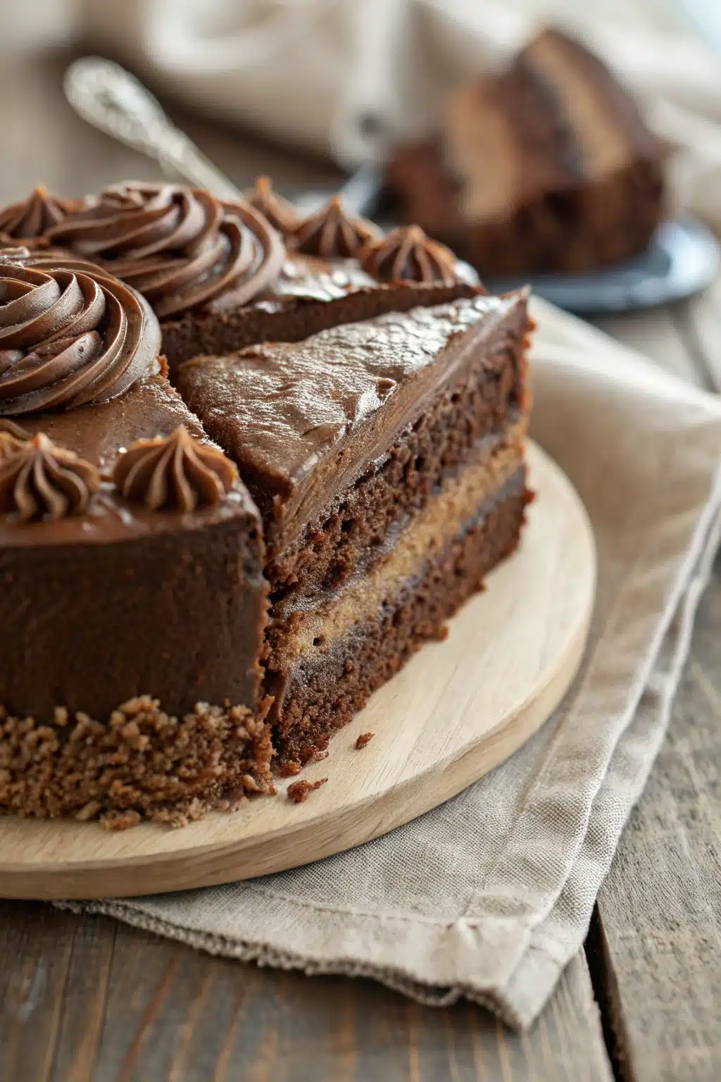 Beautifully plated chocolate cake slice with powdered sugar dusting and berry garnish
