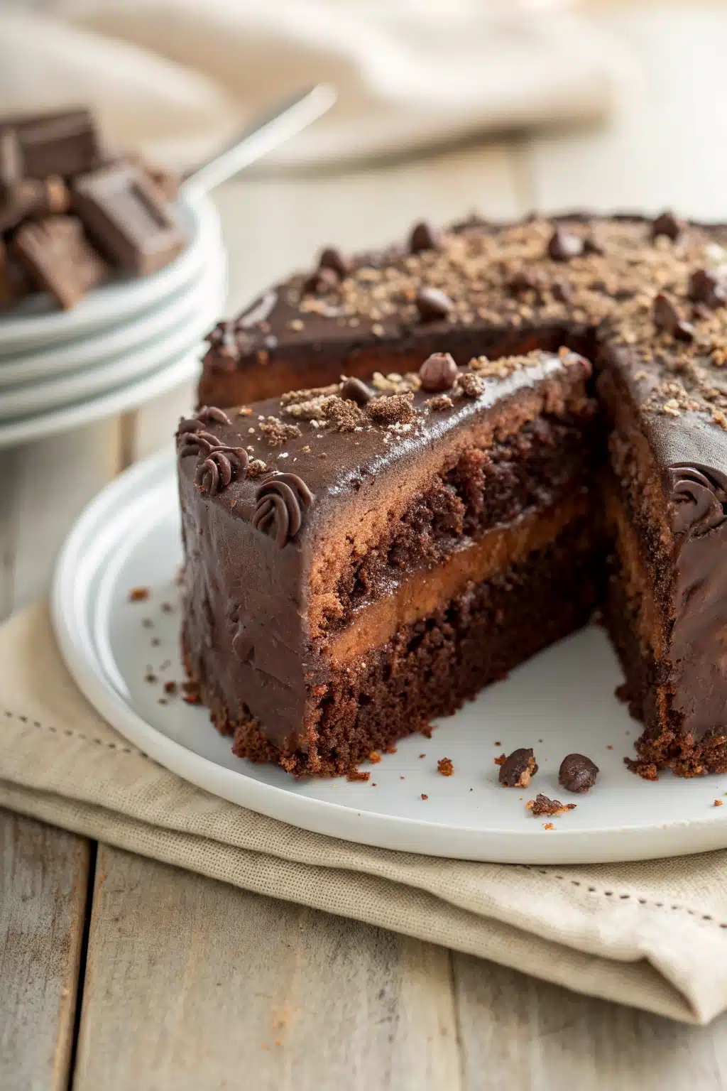 Chocolate Cake slice on plate showing perfect texture and swirl pattern