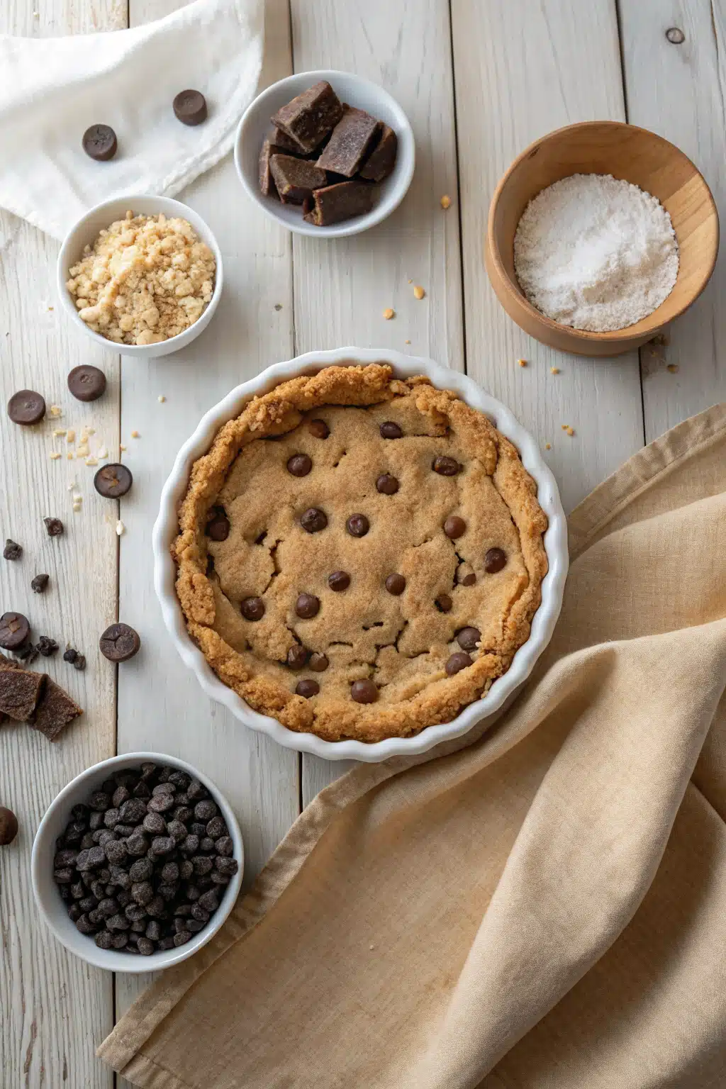 Chocolate Chip Cookie Pie beautifully presented from an overhead angle