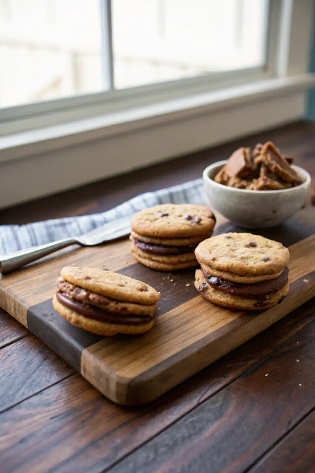 Chocolate Chip Cookie Sandwiches with Nutella Cream Cheese Filling beautifully presented from an overhead angle