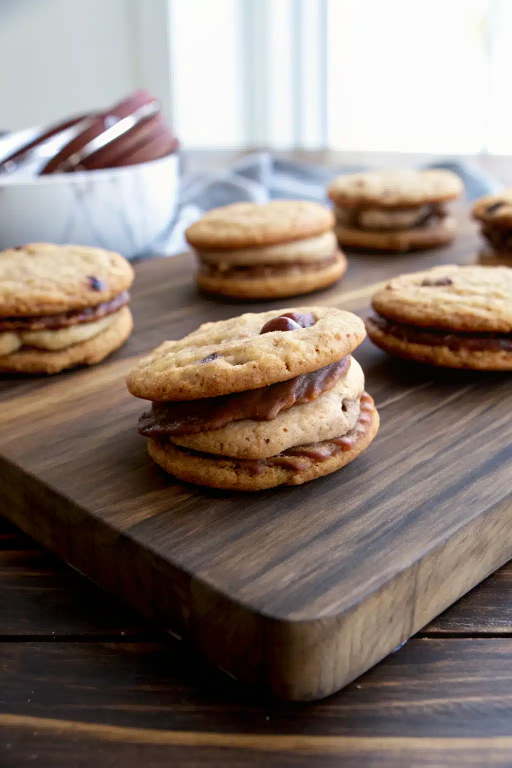 Chocolate Chip Cookie Sandwiches with Nutella Cream Cheese Filling slice on plate showing perfect texture and swirl pattern