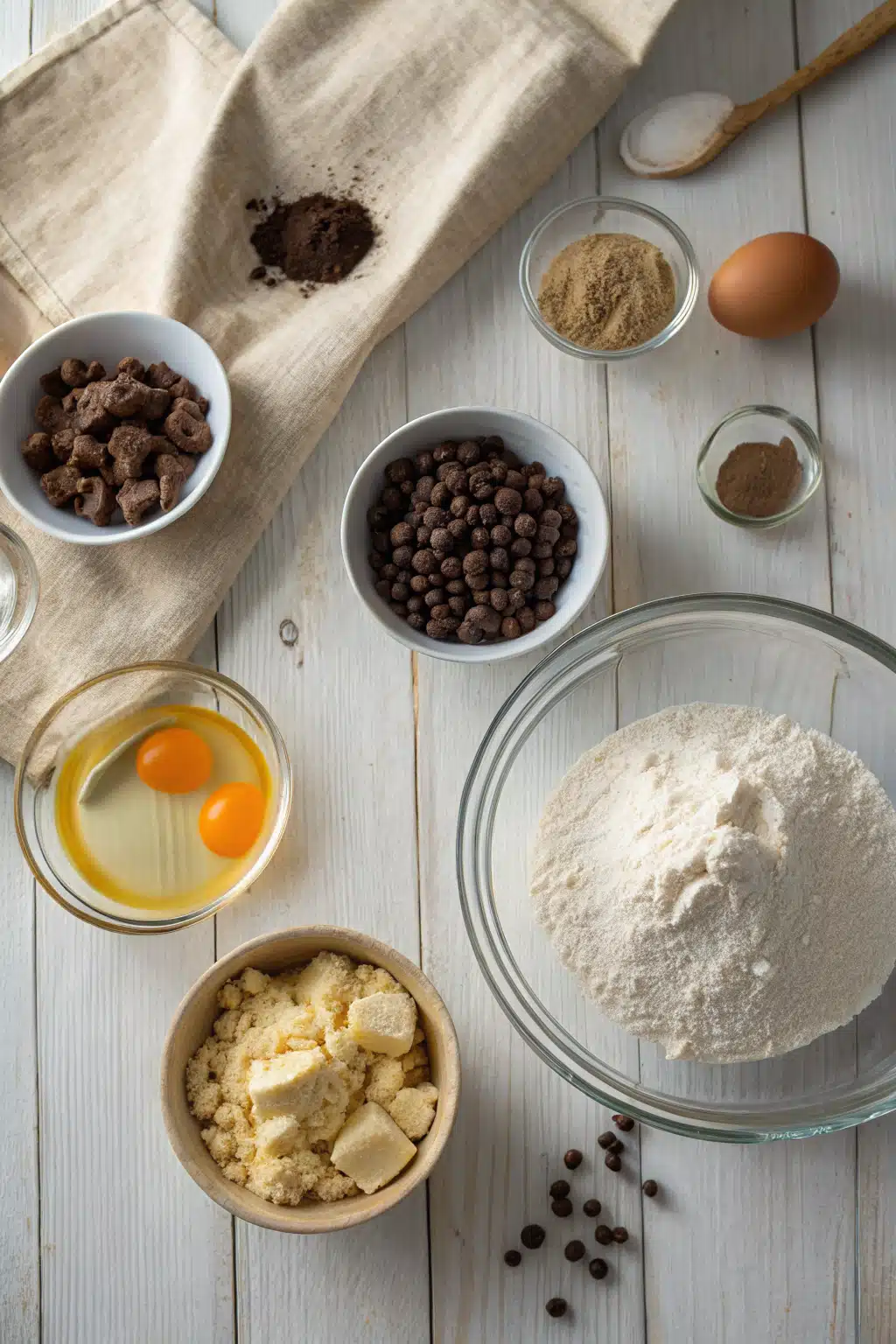 Chocolate Chip Cookies beautifully presented from an overhead angle