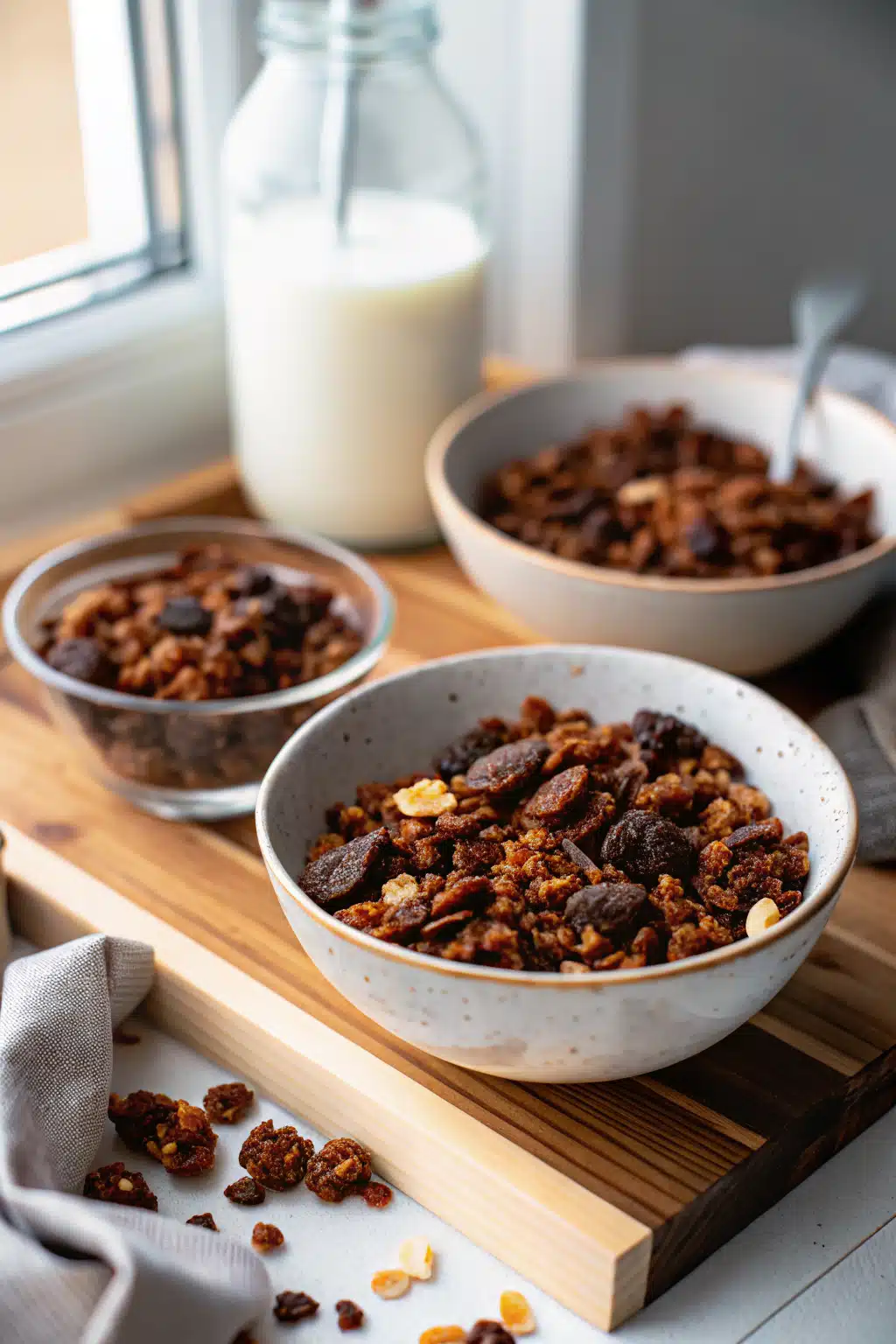 Chocolate Granola beautifully presented from an overhead angle