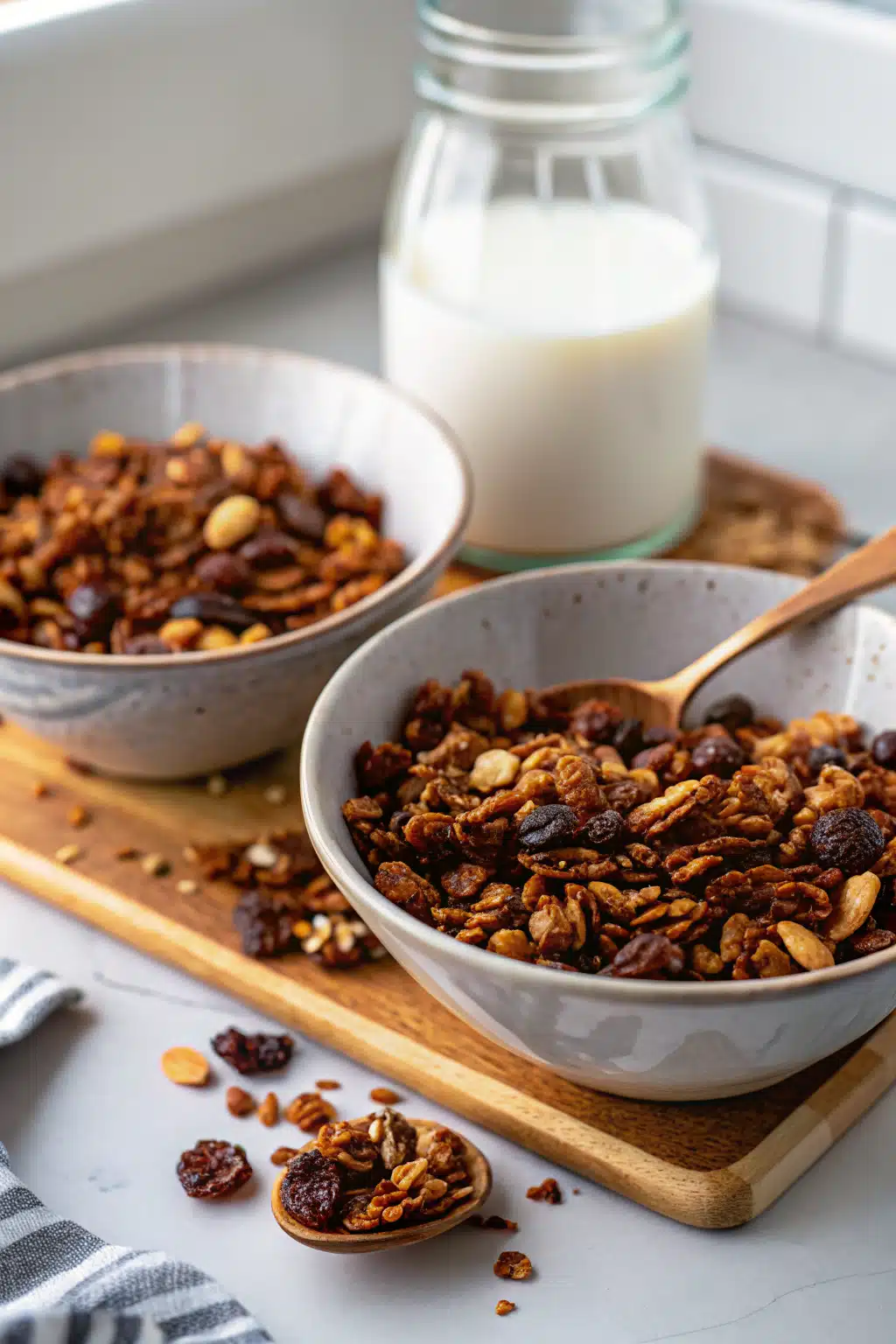 Chocolate Granola ingredients organized and measured on kitchen counter