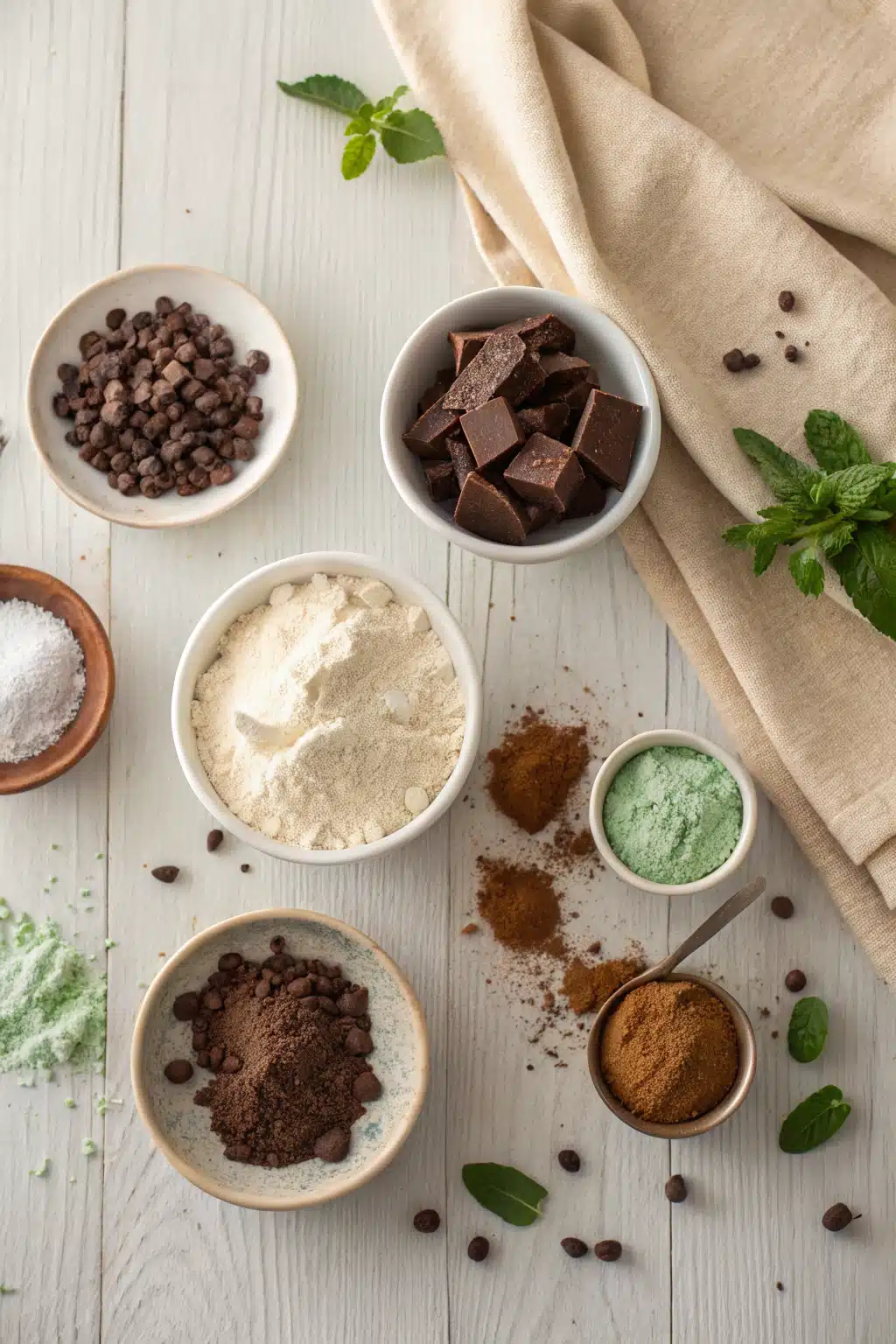 Chocolate Mint Cookies beautifully presented from an overhead angle