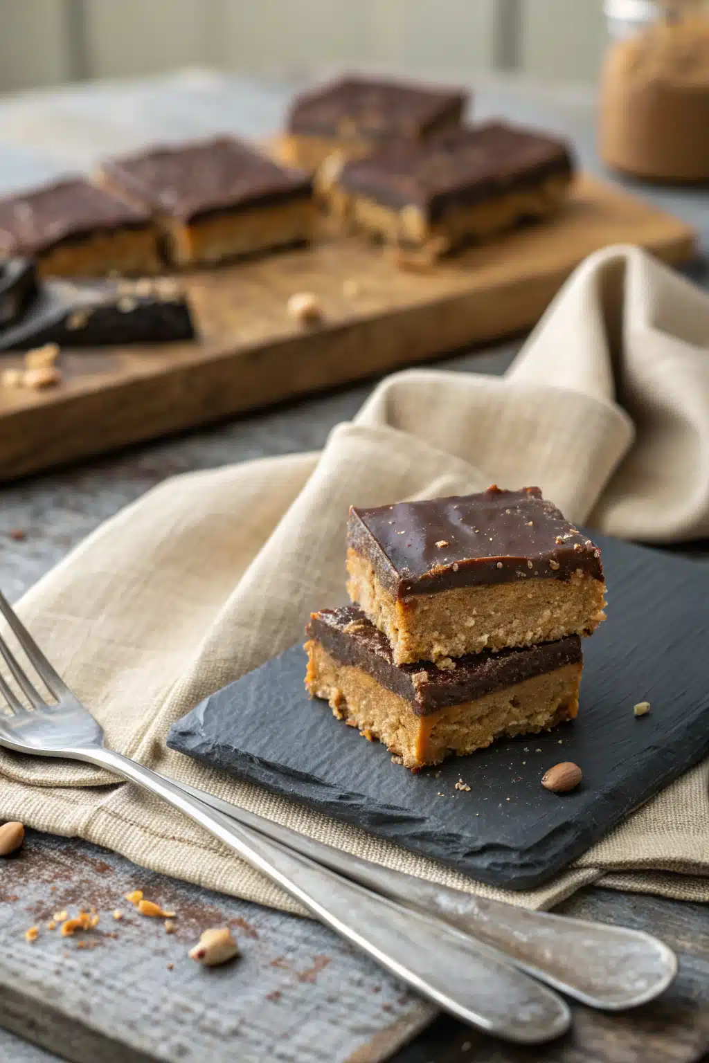 Chocolate Peanut Butter Bars ingredients organized and measured on kitchen counter