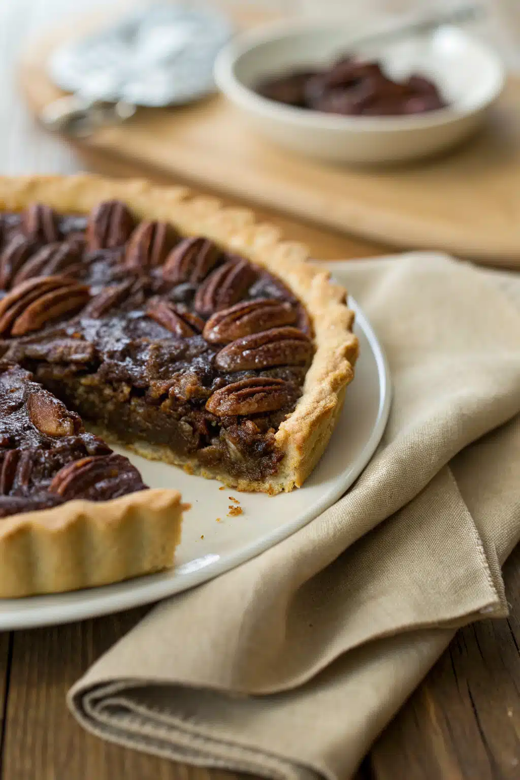 Chocolate Pecan Pie slice on plate showing perfect texture and swirl pattern
