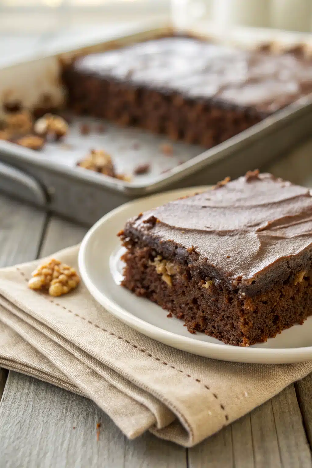 Texas Sheet Cake slice on plate showing perfect texture and swirl pattern