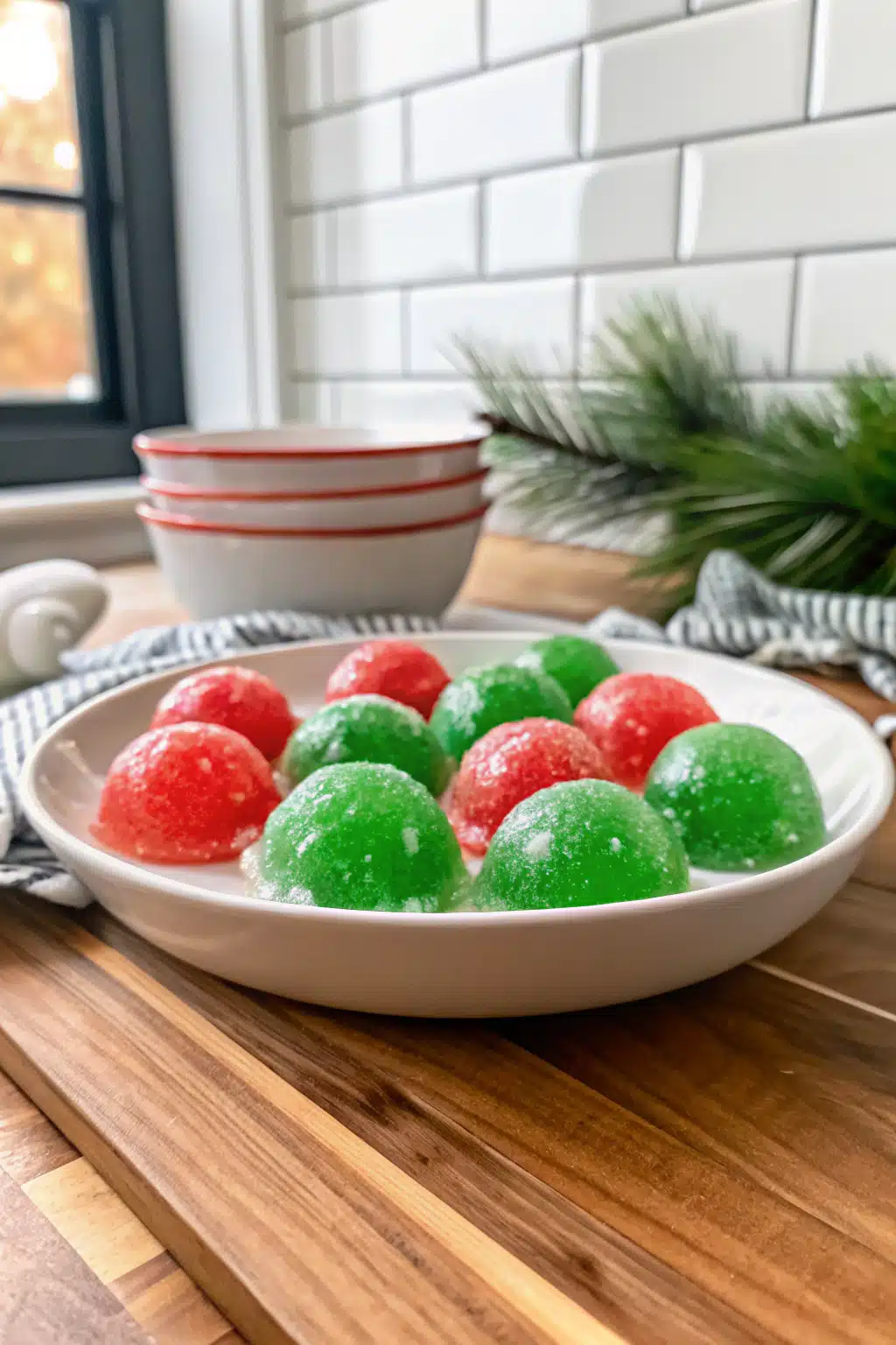 Christmas Jello Balls beautifully presented from an overhead angle