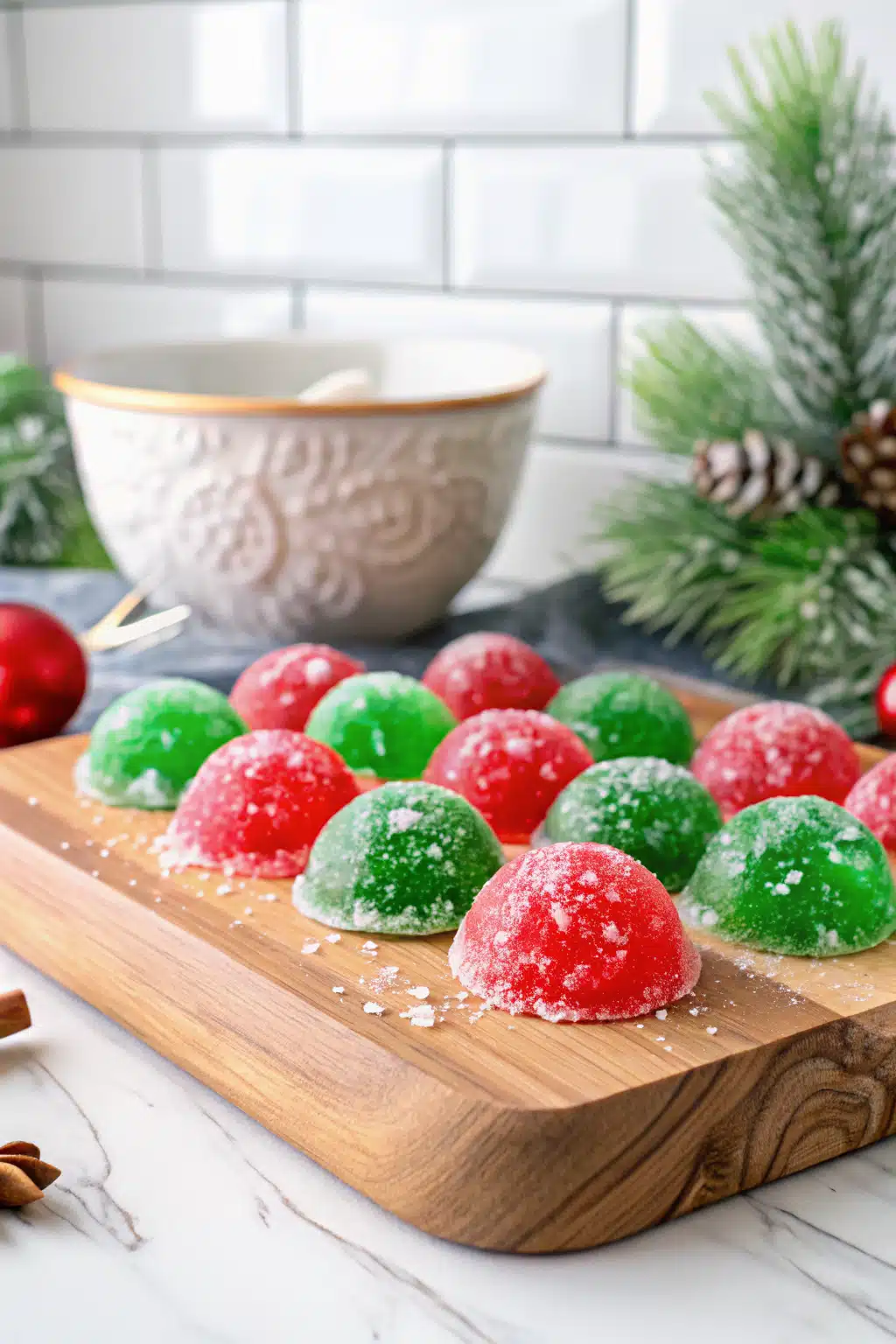 Christmas Jello Balls slice on plate showing perfect texture and swirl pattern