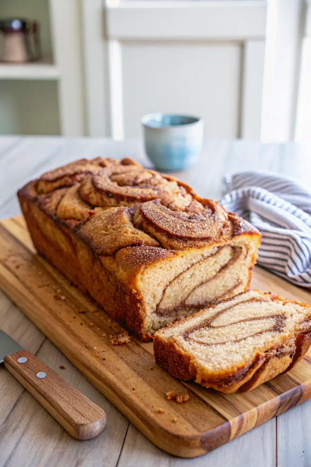 Cinnamon Sugar Swirl Bread beautifully presented from an overhead angle