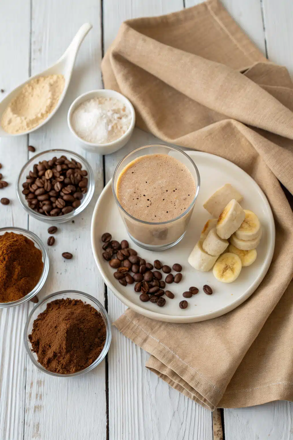 Coffee Smoothie beautifully presented from an overhead angle