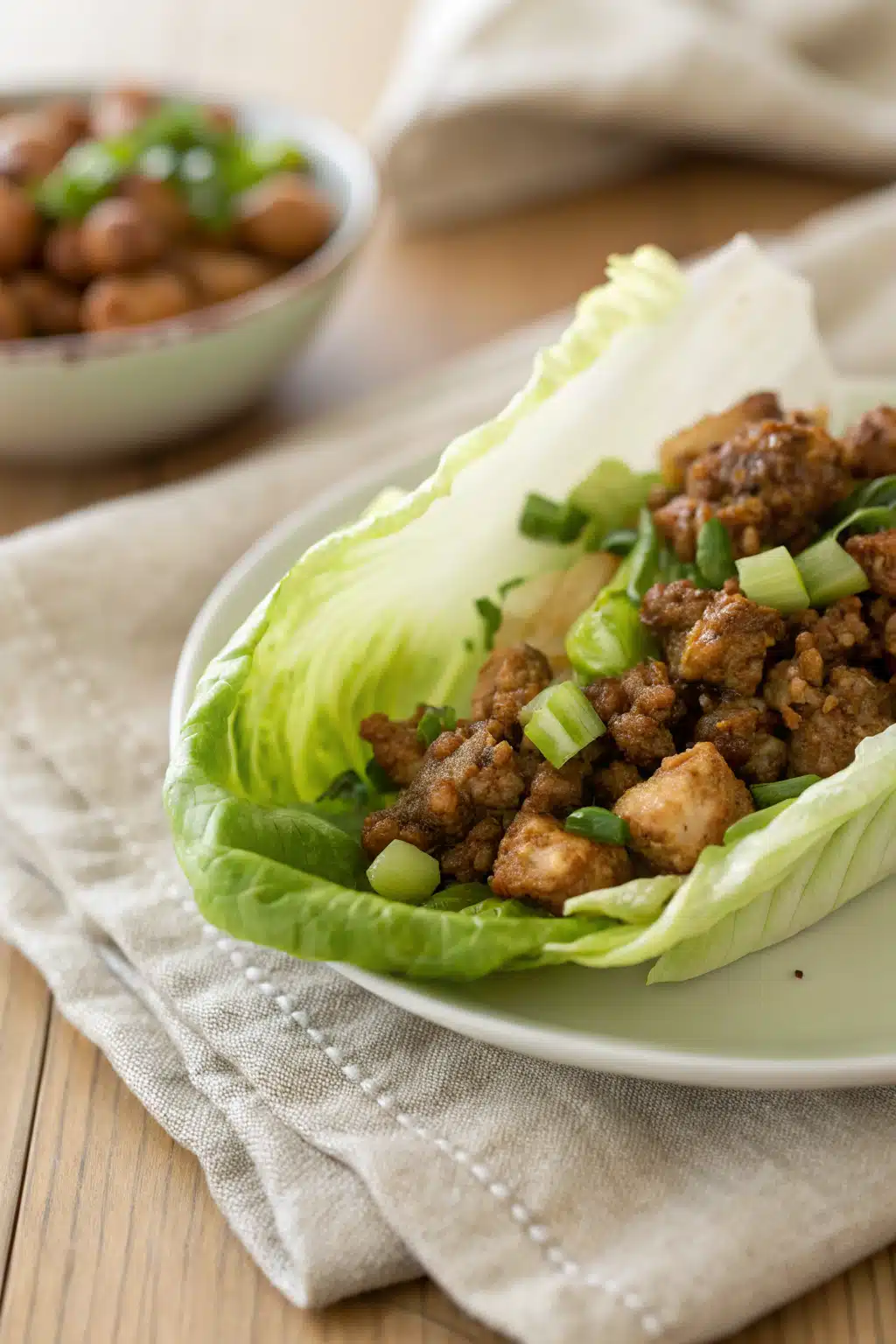 Copycat Pf Changs Lettuce Wraps slice on plate showing perfect texture and swirl pattern