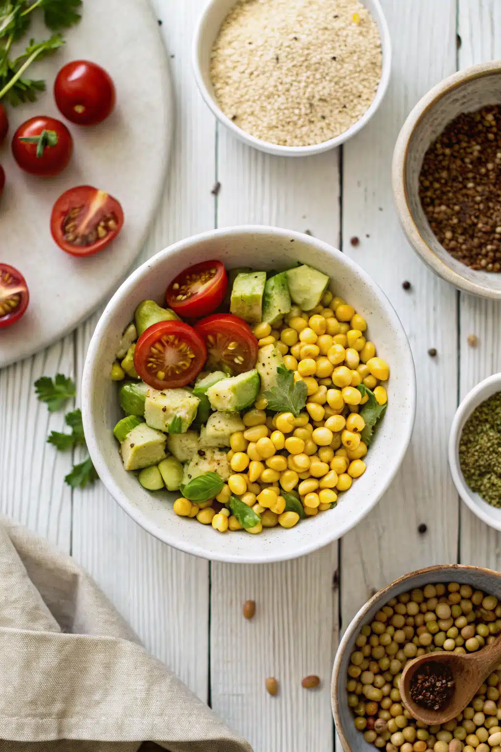 Fresh Corn Salad beautifully presented from an overhead angle