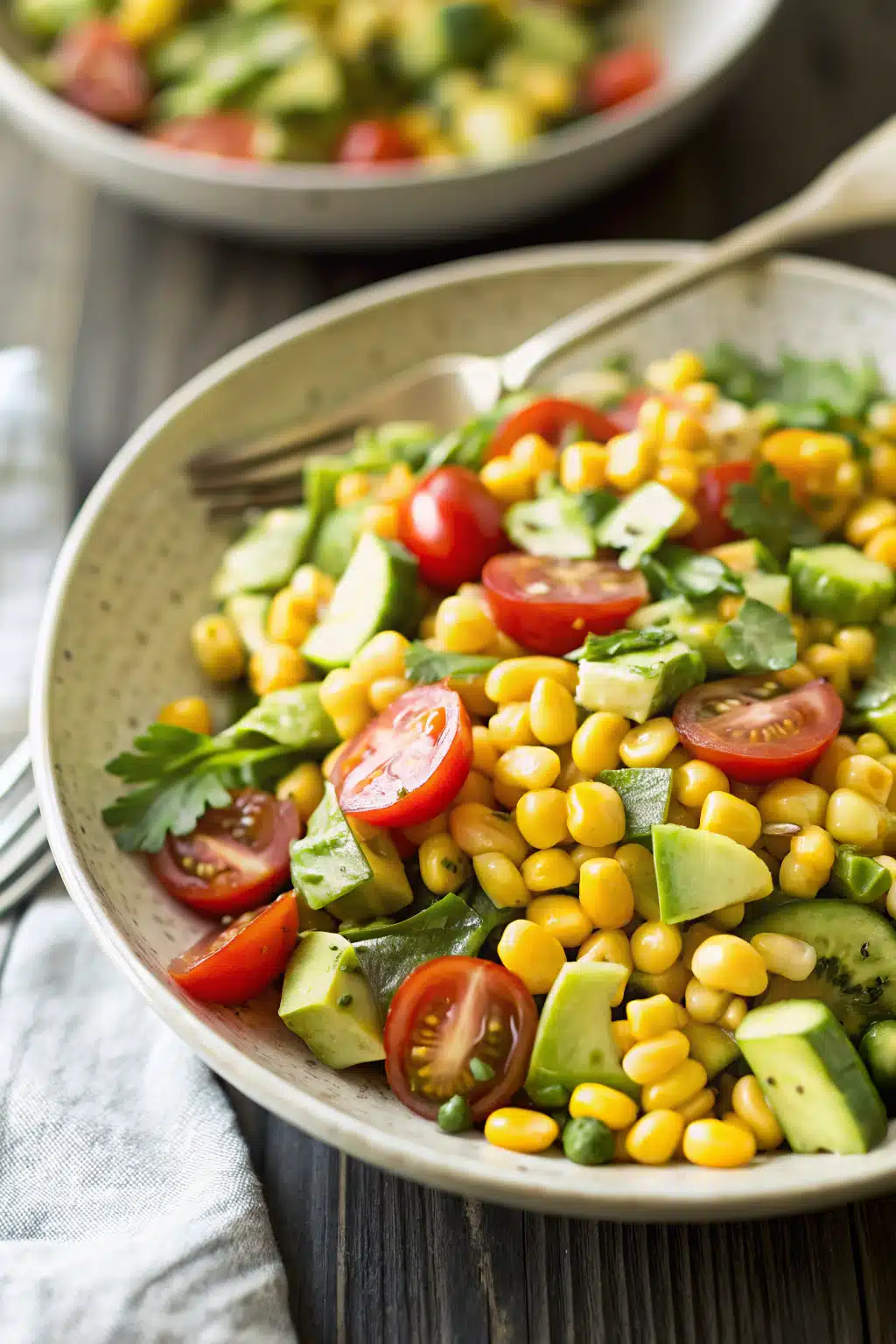 Fresh Corn Salad ingredients organized and measured on kitchen counter