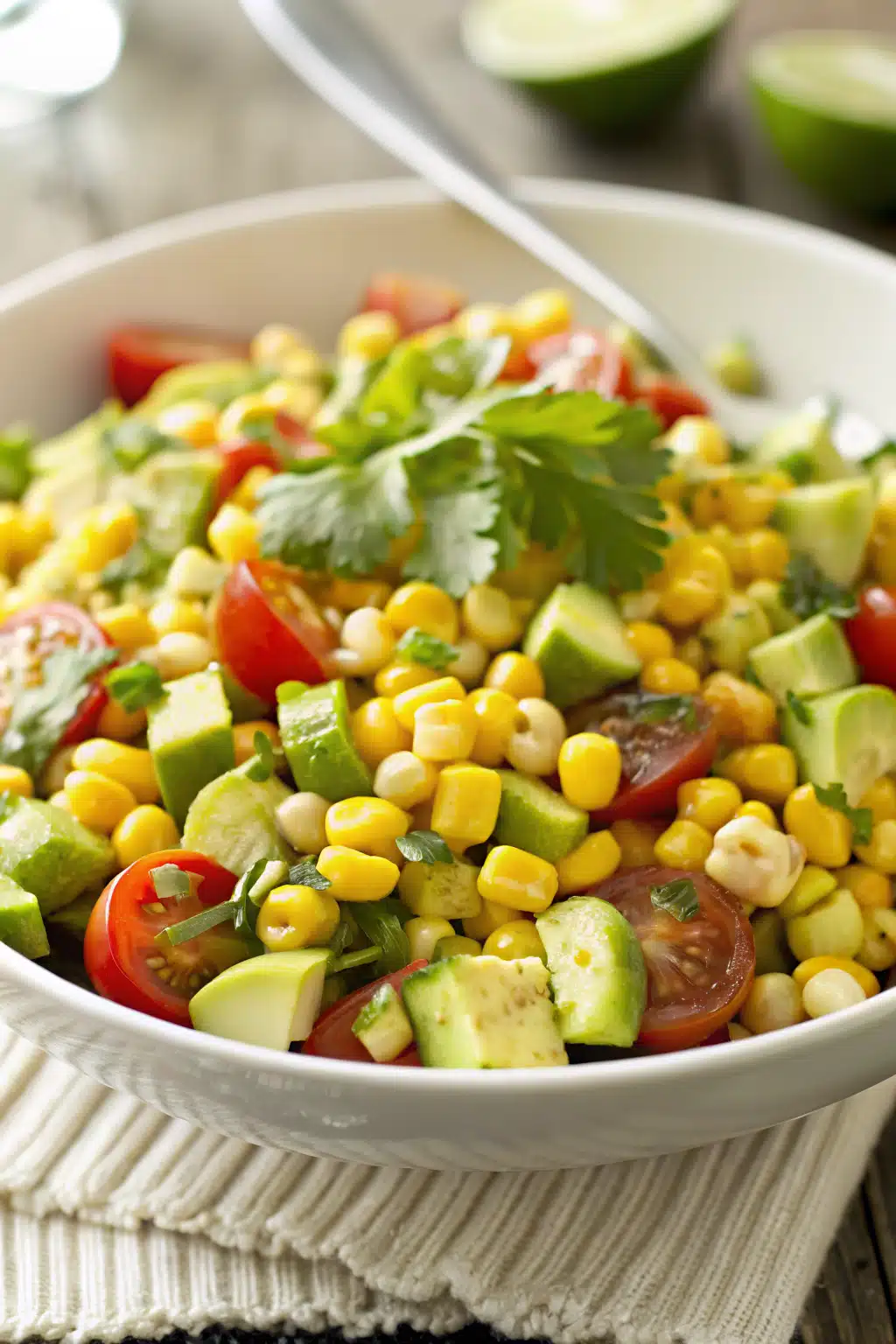 Fresh Corn Salad slice on plate showing perfect texture and swirl pattern