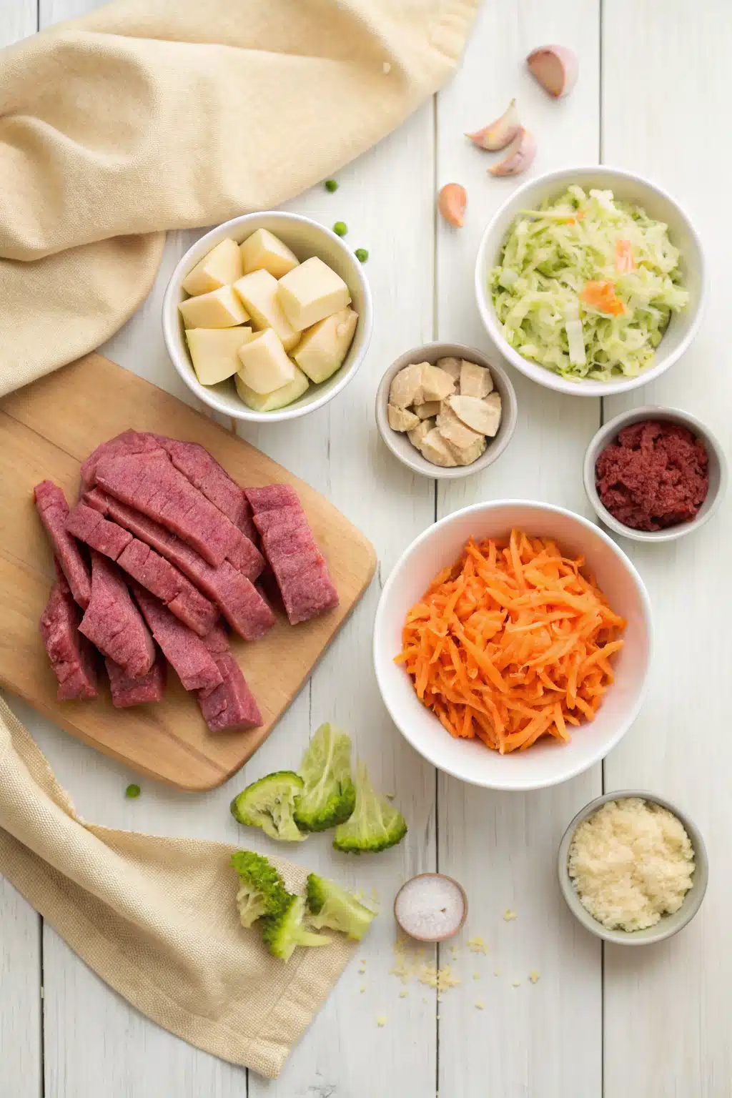 Corned Beef Cabbage beautifully presented from an overhead angle