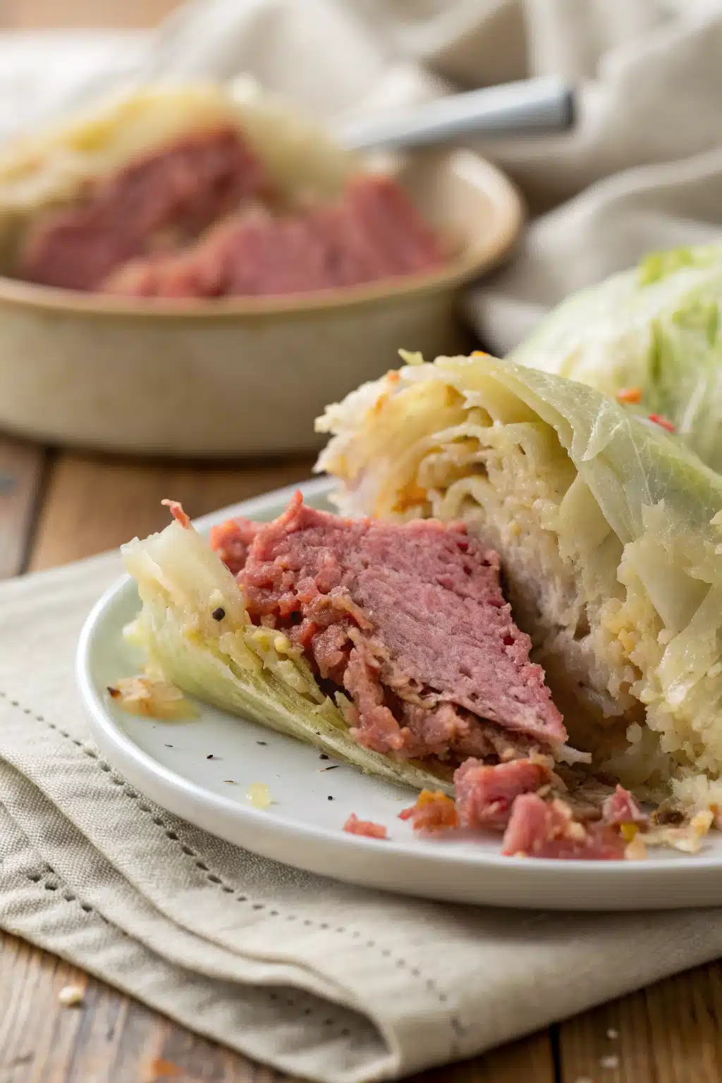 Corned Beef Cabbage slice on plate showing perfect texture and swirl pattern