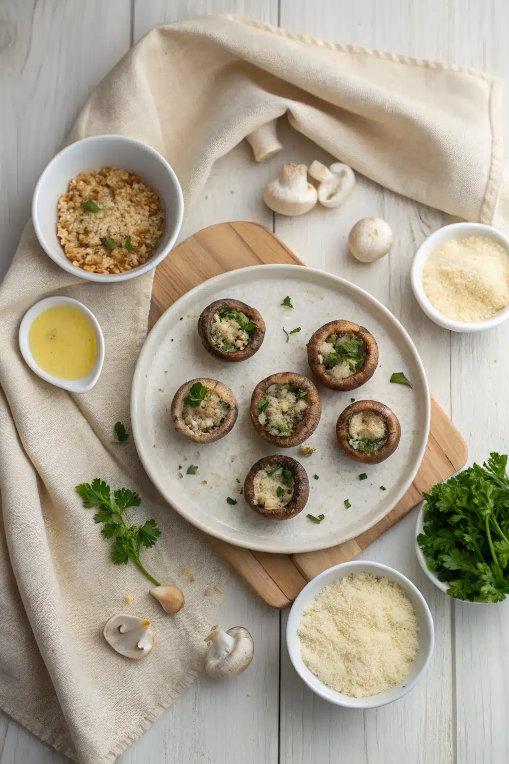 Stuffed Mushroom Recipe beautifully presented from an overhead angle