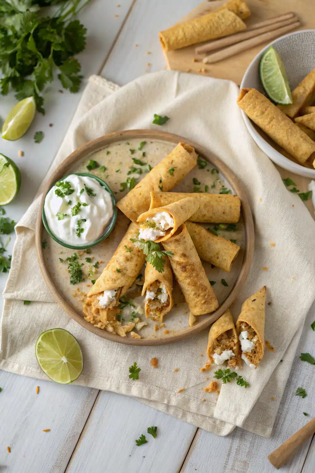 Cream Cheese Chicken Taquitos beautifully presented from an overhead angle
