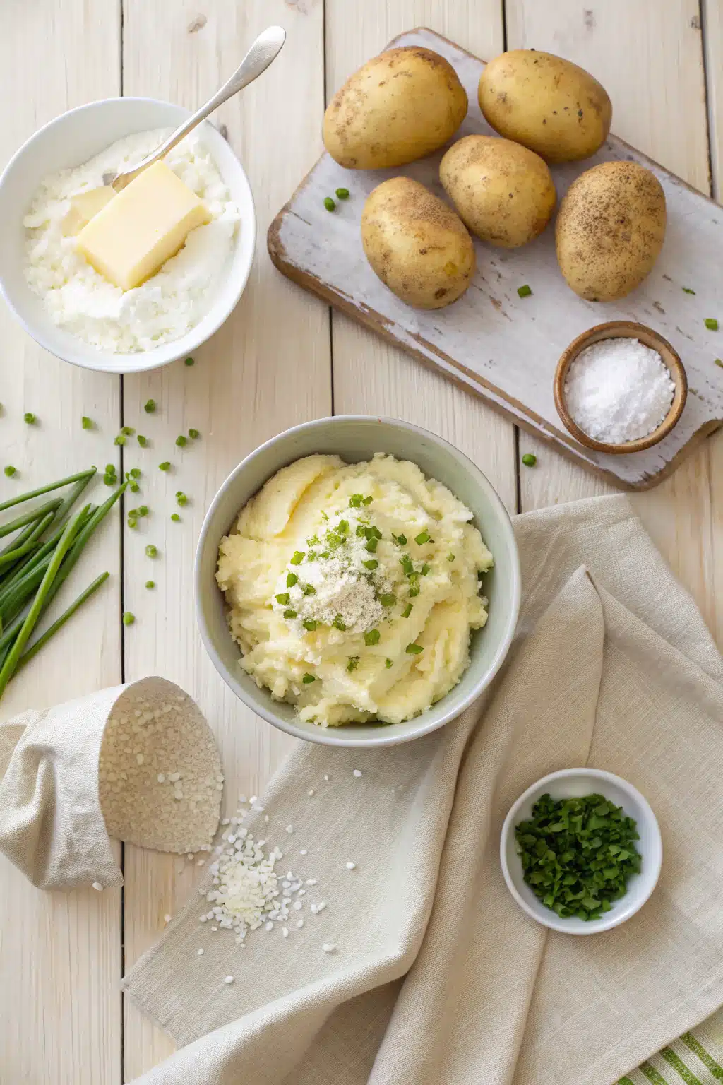 Cream Cheese Mashed Potatoes beautifully presented from an overhead angle