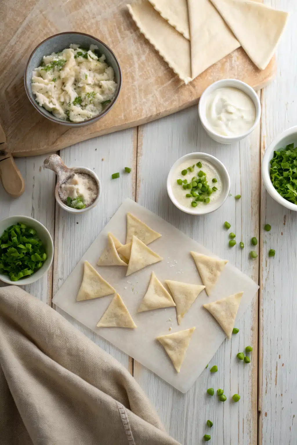 Cream Cheese Wontons beautifully presented from an overhead angle