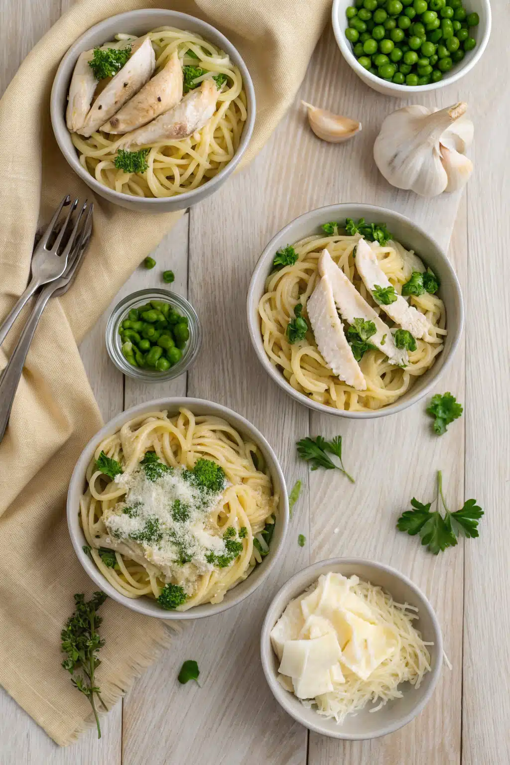 Creamy Chicken Pasta beautifully presented from an overhead angle