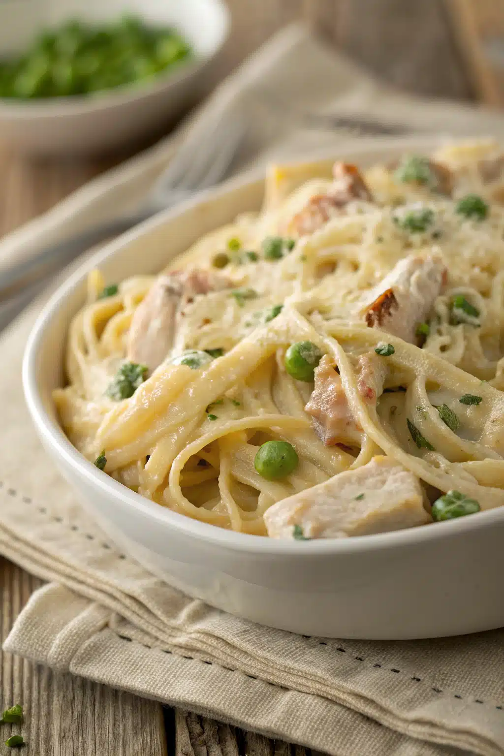Creamy Chicken Pasta slice on plate showing perfect texture and swirl pattern