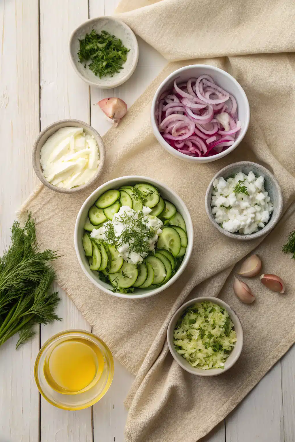 Creamy Cucumber Salad beautifully presented from an overhead angle