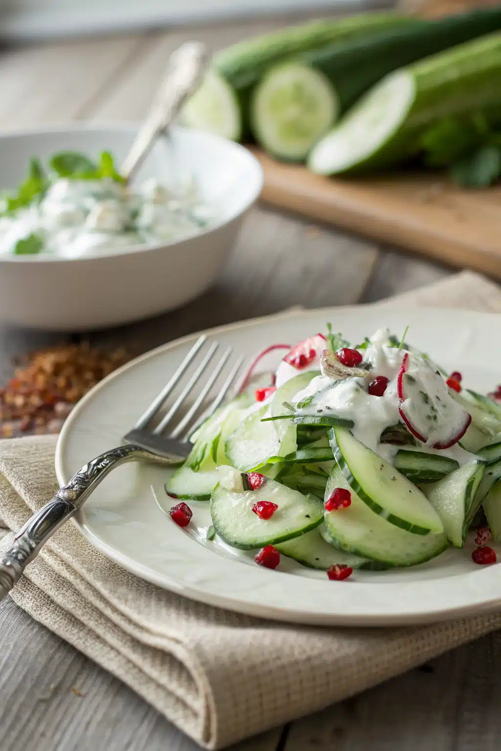 Creamy Cucumber Salad ingredients organized and measured on kitchen counter