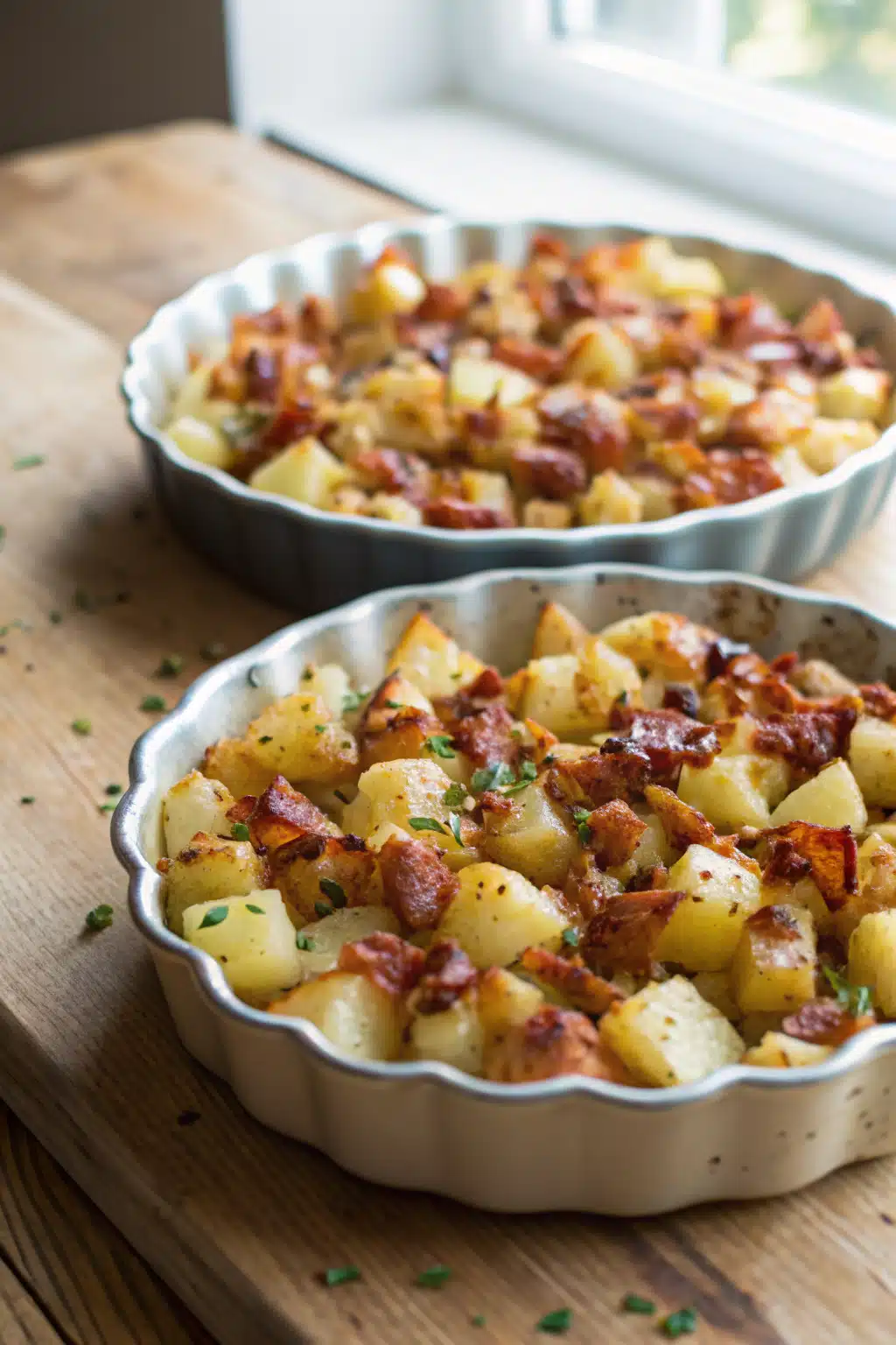 Crispy Cheese Bacon Potatoes beautifully presented from an overhead angle