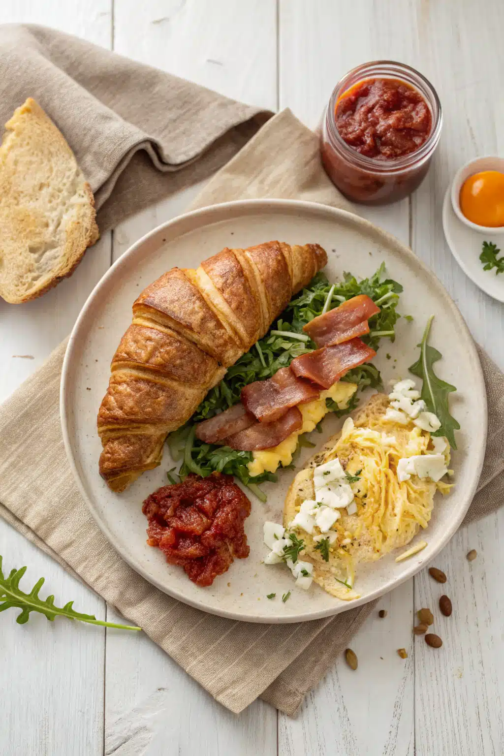 Croissant Breakfast Sandwich beautifully presented from an overhead angle