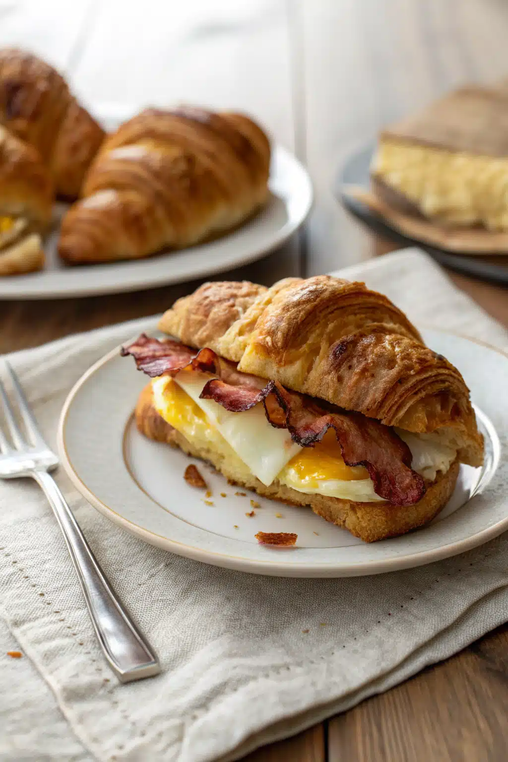 Croissant Breakfast Sandwich ingredients organized and measured on kitchen counter