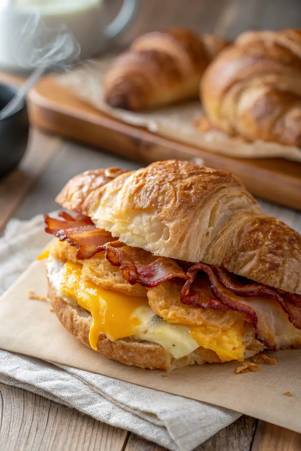 Croissant Breakfast Sandwich slice on plate showing perfect texture and swirl pattern