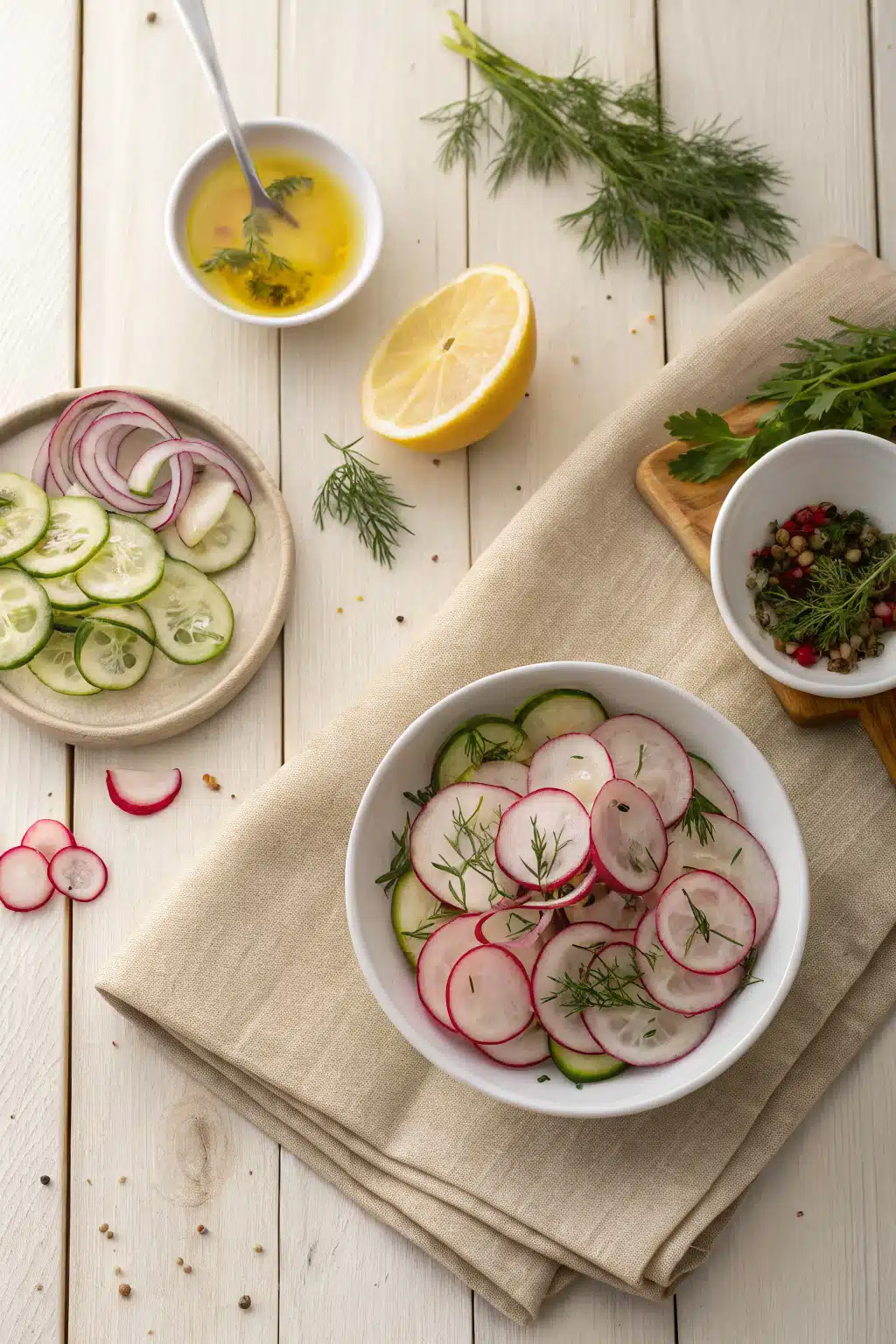 Cucumber Salad beautifully presented from an overhead angle