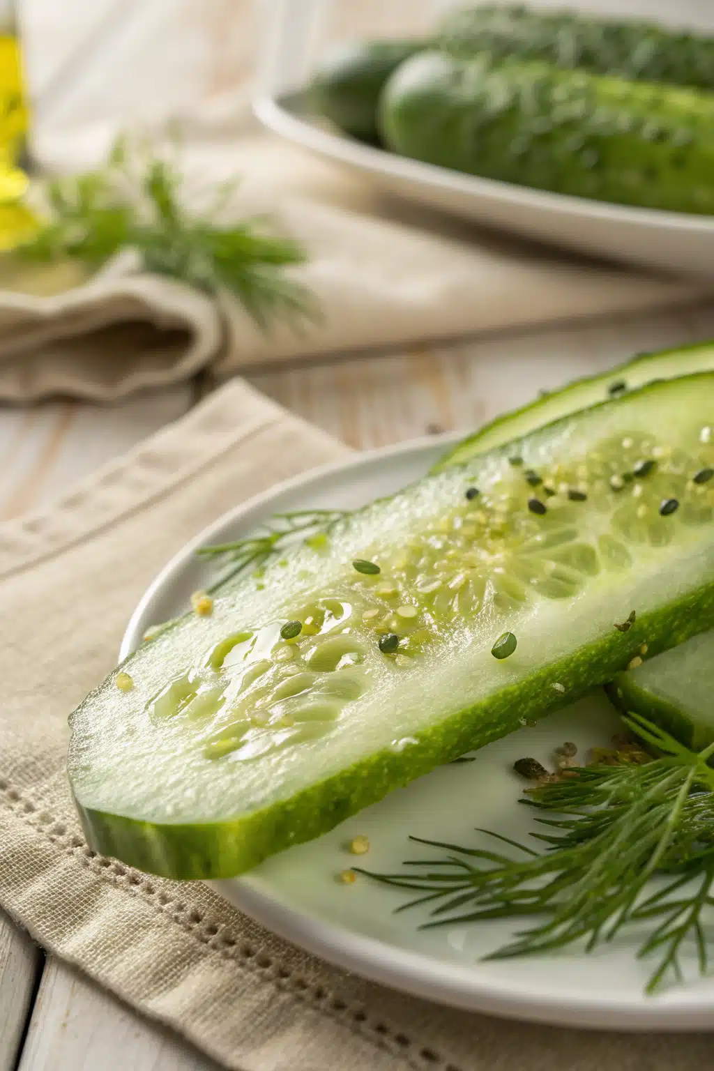 Cucumber Salad slice on plate showing perfect texture and swirl pattern