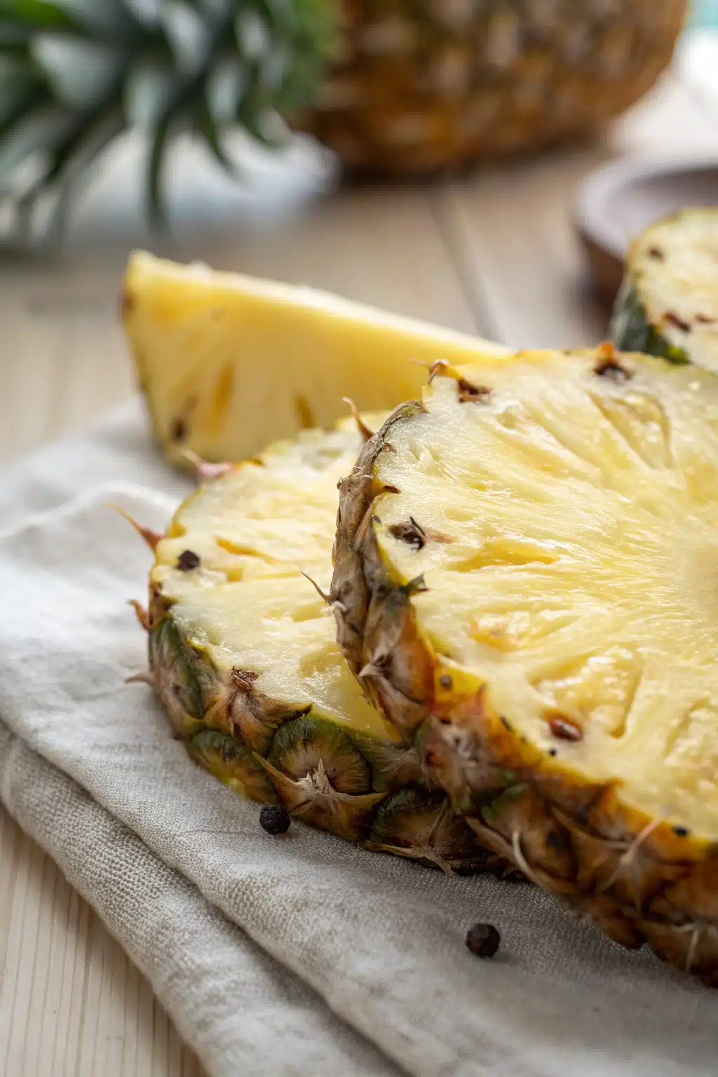 Cut Pineapple slice on plate showing perfect texture and swirl pattern