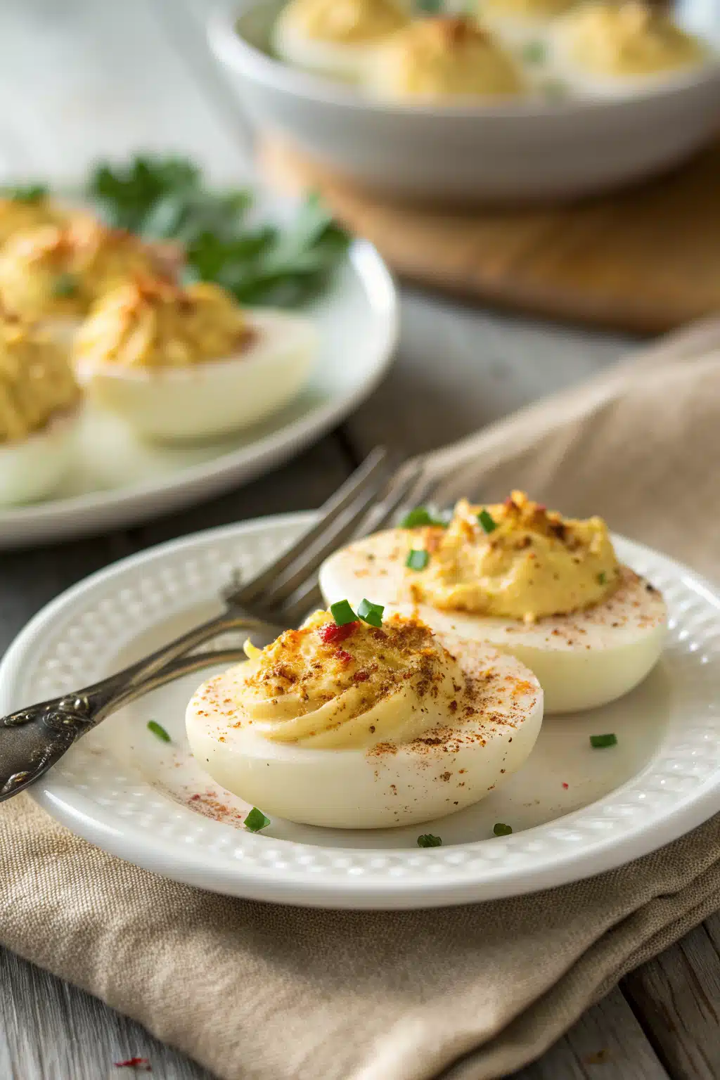Deviled Eggs Recipe ingredients organized and measured on kitchen counter