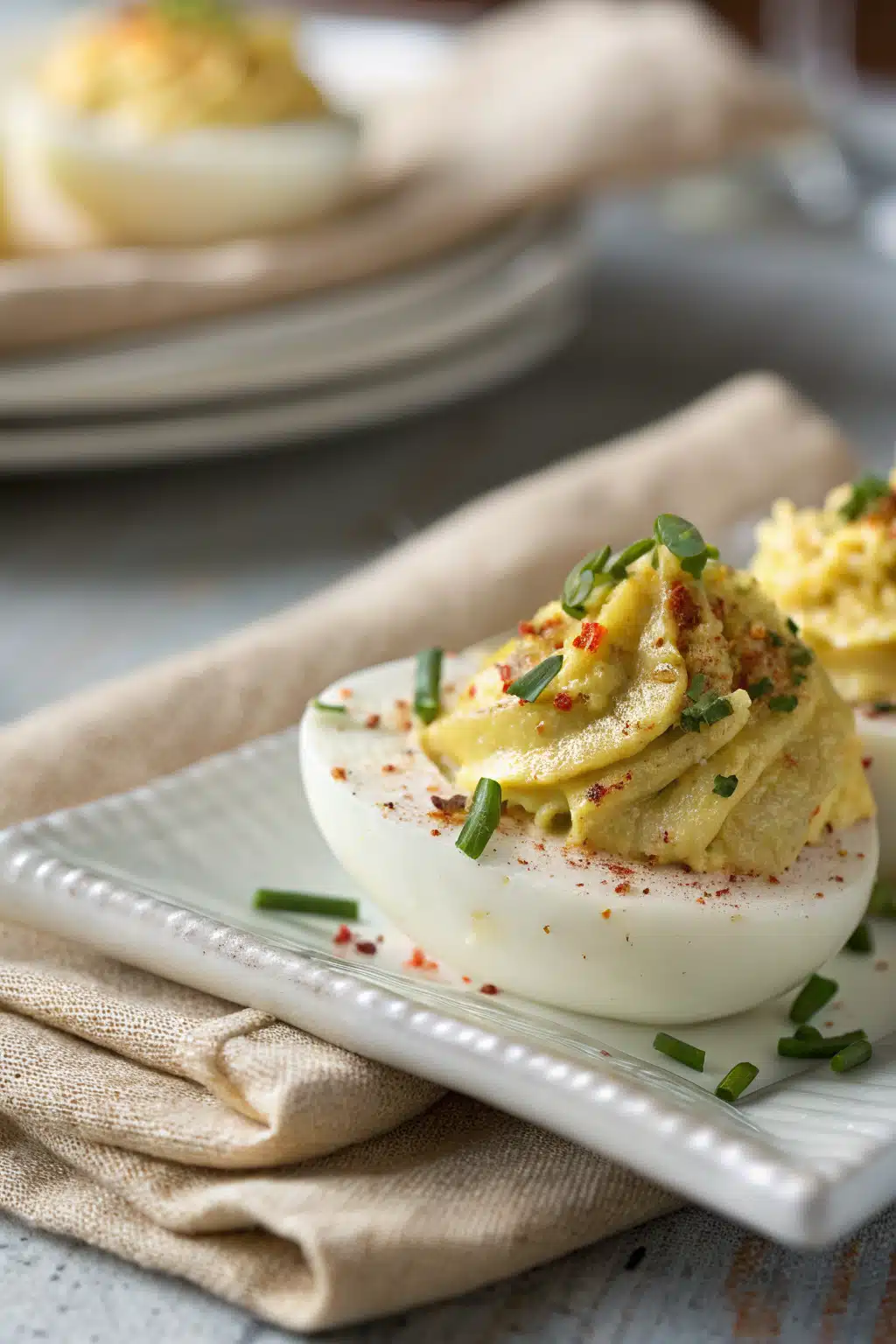 Deviled Eggs Recipe slice on plate showing perfect texture and swirl pattern