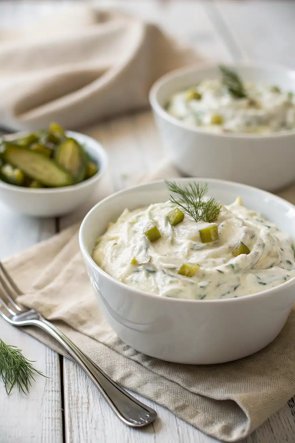 Dill Pickle Dip Recipe ingredients organized and measured on kitchen counter